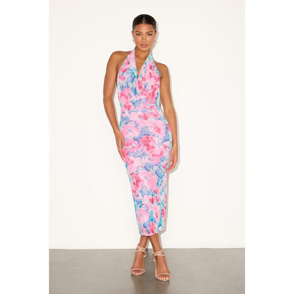 Lulus Venus Teal And Pink Floral Mesh Backless Midi Dress Blue - Size XL